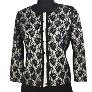 Vintage Anthropologie Odille Lace Overlay Cardigan Cream Black Floral Cotton M